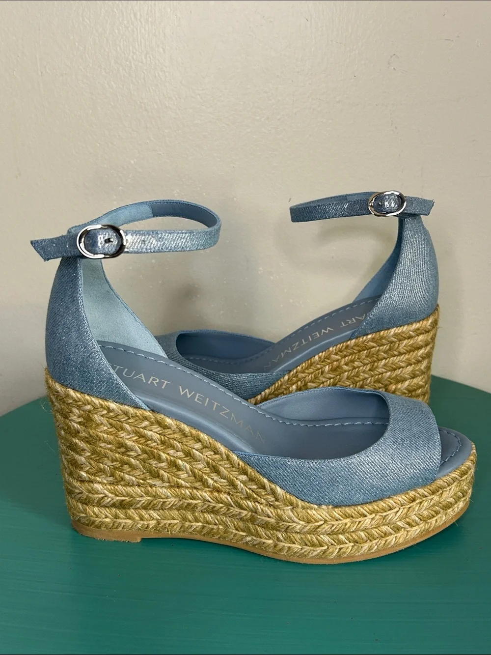 Stuart Weitzman Nudistia Metallic Denim Blue Espadrille Wedge Sandal Ankle Strap - Picture 10 of 10